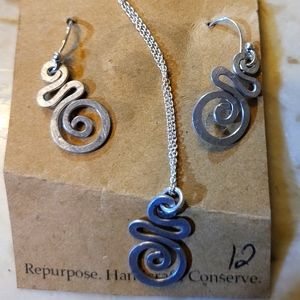 Handmade silver swirl earrings with matching necklace
